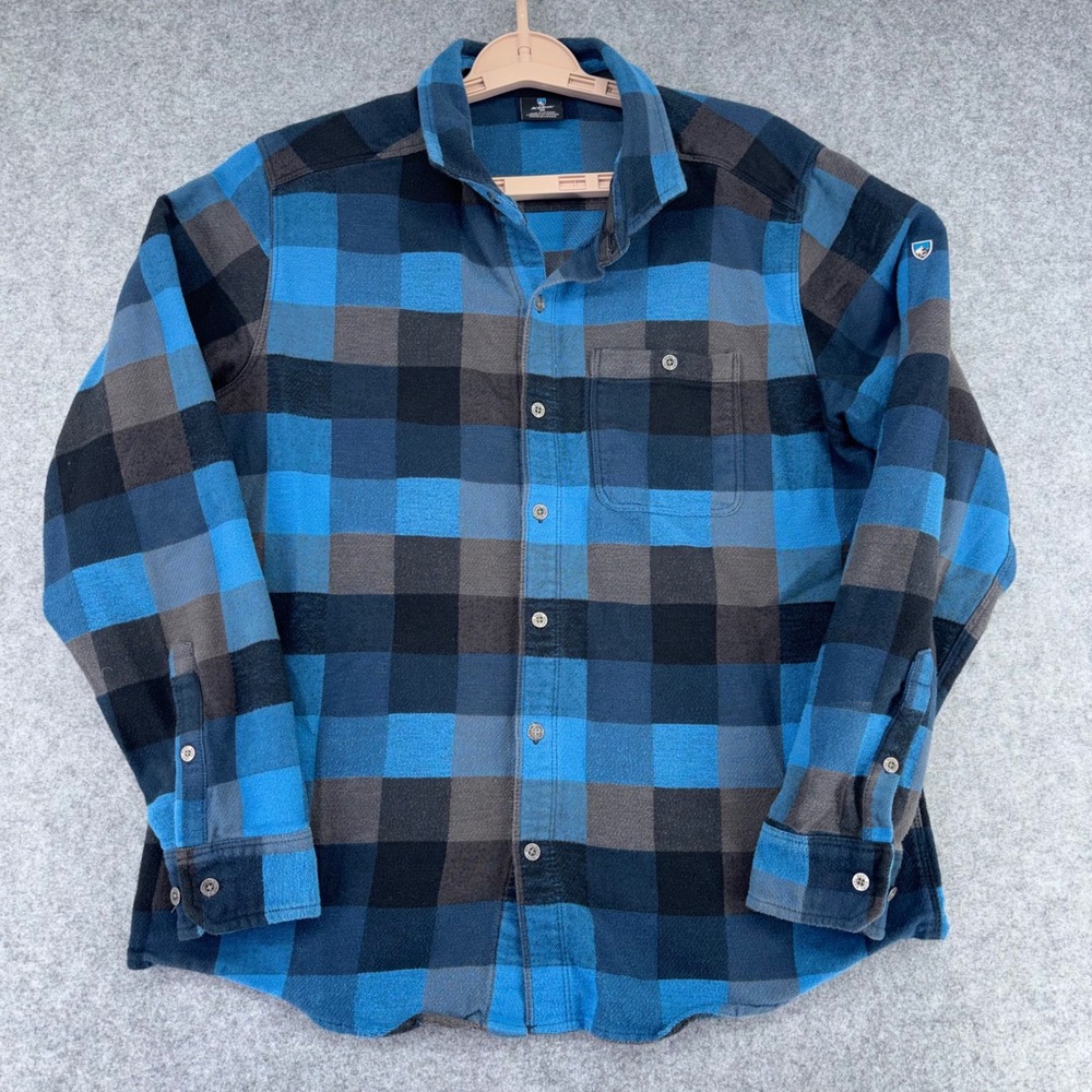 Kuhl Fugitive Flannel Shirt Blue Grey Plaid Button Down 7336 Mens Medium Hiking